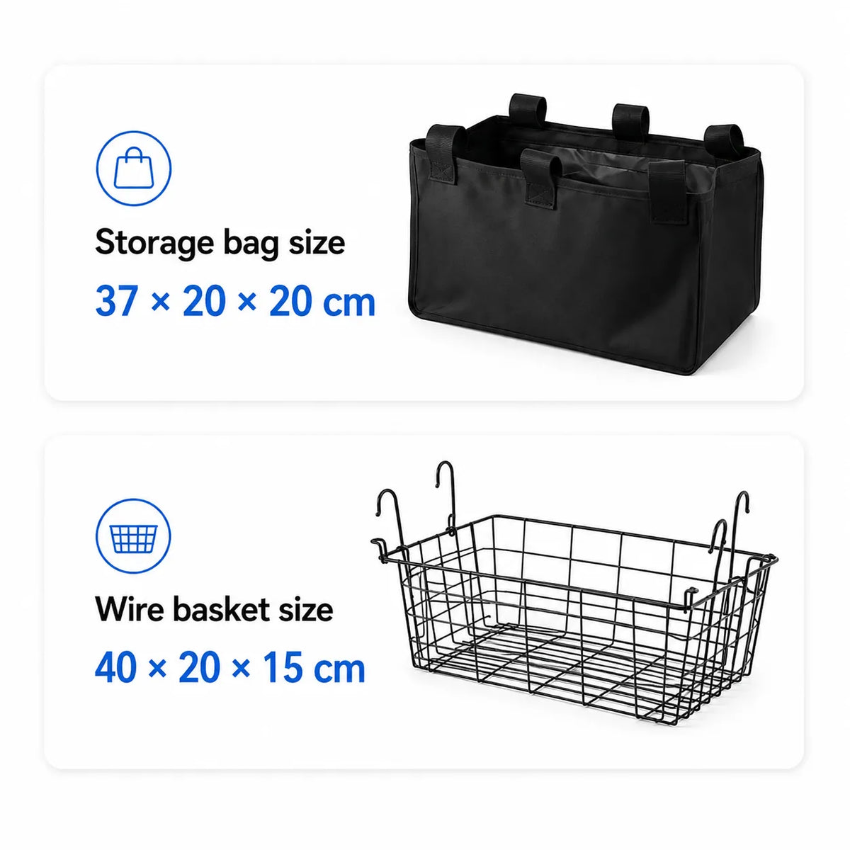 Storage bag and wire basket dimensions image